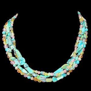 Estate Southwestern Turquoise Howlite Multi Strand Bead Necklace Silver Tone